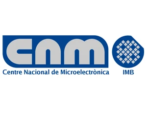 Centre Nacional de Microelectronica (CNM-IMB) logo, blue wordmark with chip-pattern circle.