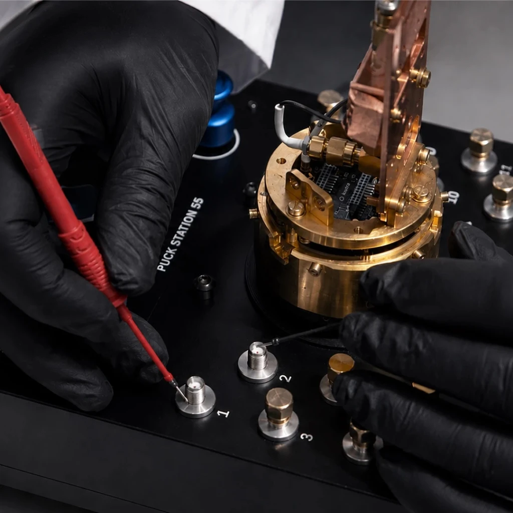 Gloved hands at the kiutra Puck Station 55: a red test probe on connector 1, the gold sample puck with its copper sample holder mounted in the centre