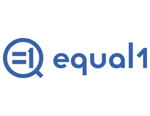 equal1 logo, magnifying glass forming a Q, blue wordmark.