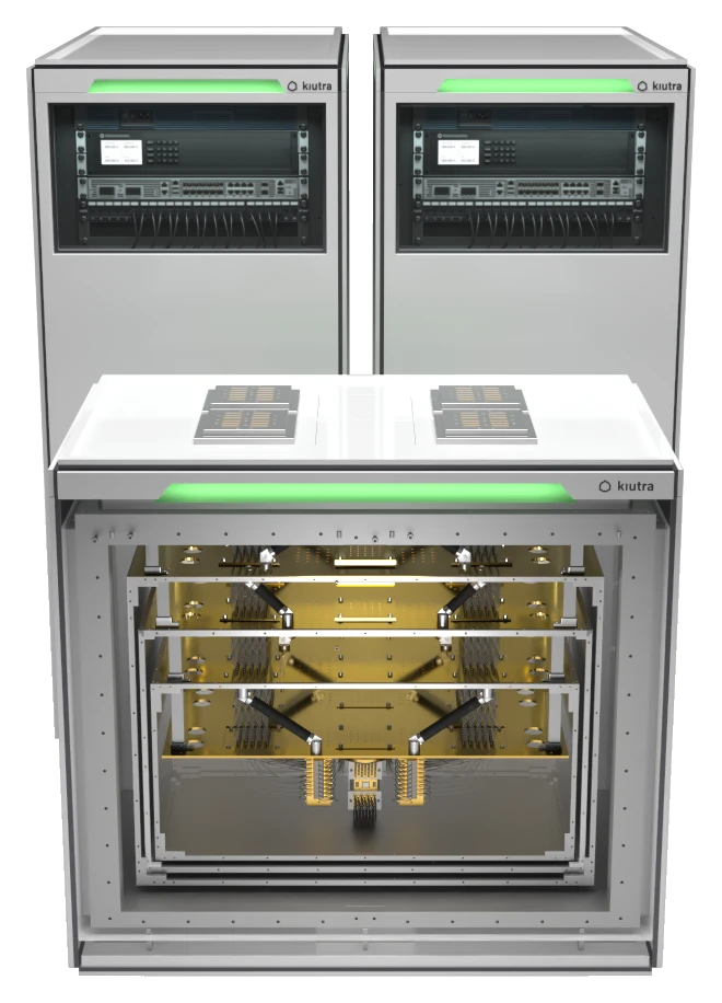 Two X-Type cooling modules above an open payload module, with the gold-plated sample stages visible inside