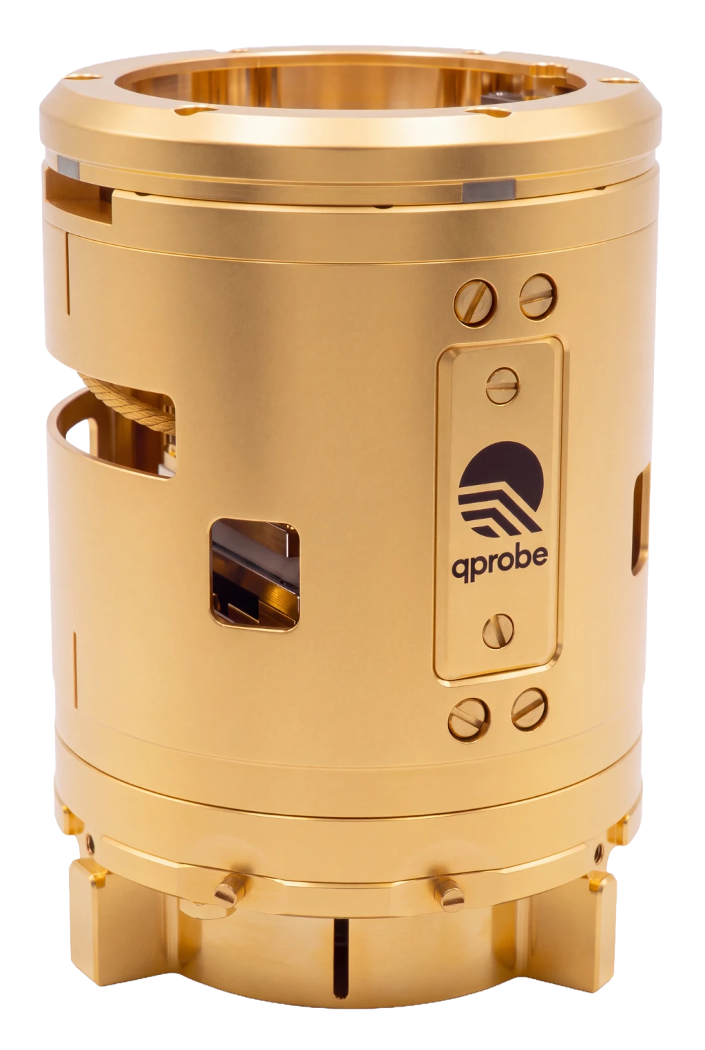 Gold-plated qprobe cryo-prober on a Puck 80, the qprobe logo on its side