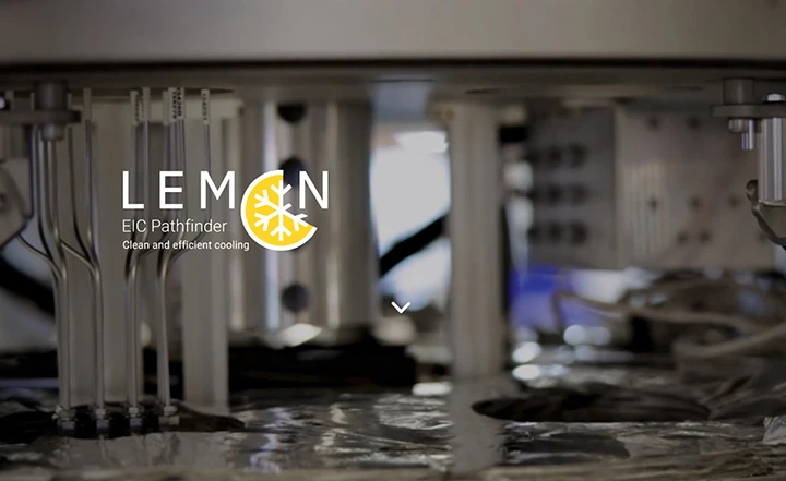 LEMON project logo over a close-up of cryostat wiring, tagline Clean and efficient cooling.