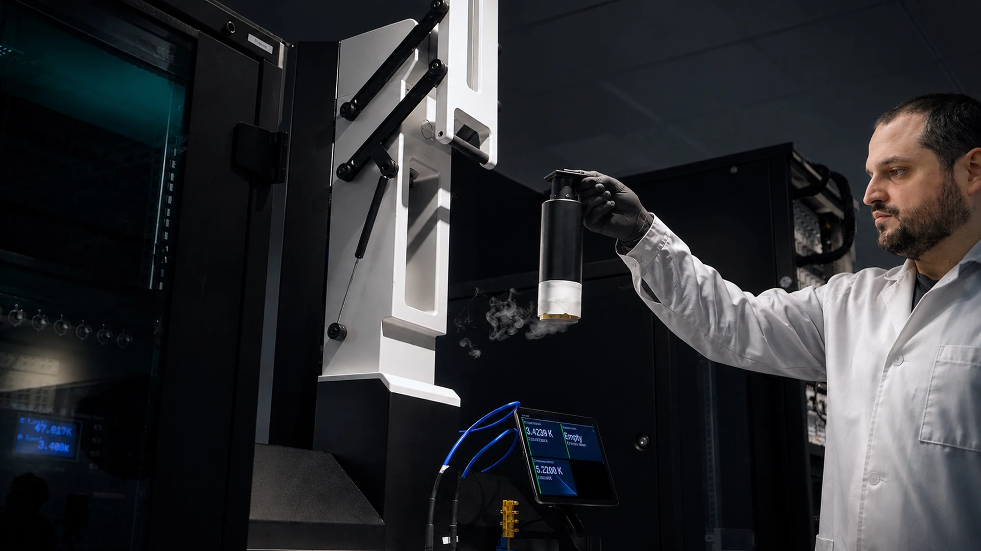 A kiutra researcher lifts the transfer cage out of the open airlock of an L-Type Rapid, vapour rising from the port; the mounted tablet shows the sample position empty at 3.4 K