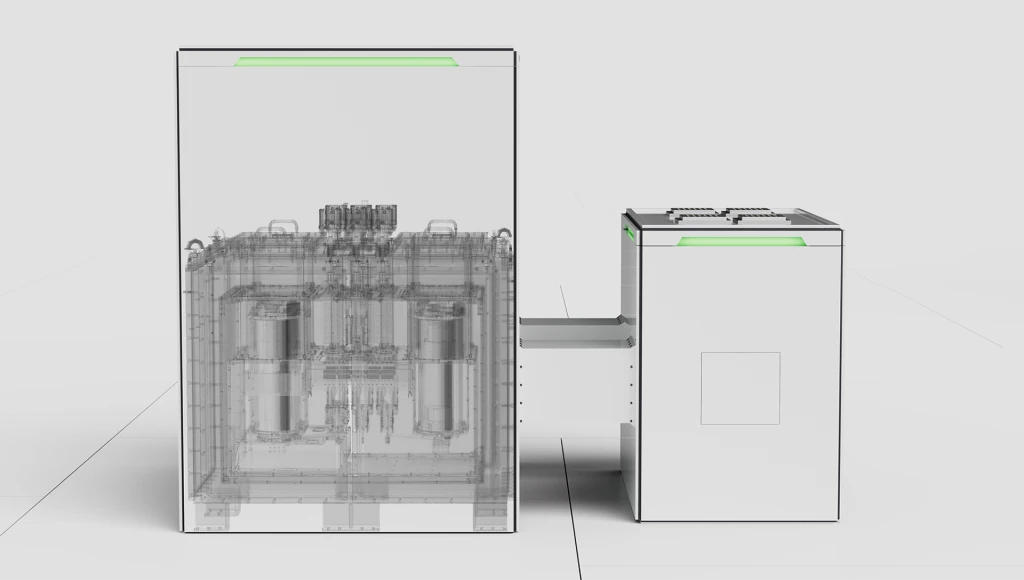 Cutaway rendering of an X-Type system: cooling module with visible internals next to a closed payload module