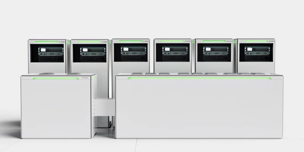 Six X-Type cooling modules serving a small and a large payload module, joined by a cold interconnect