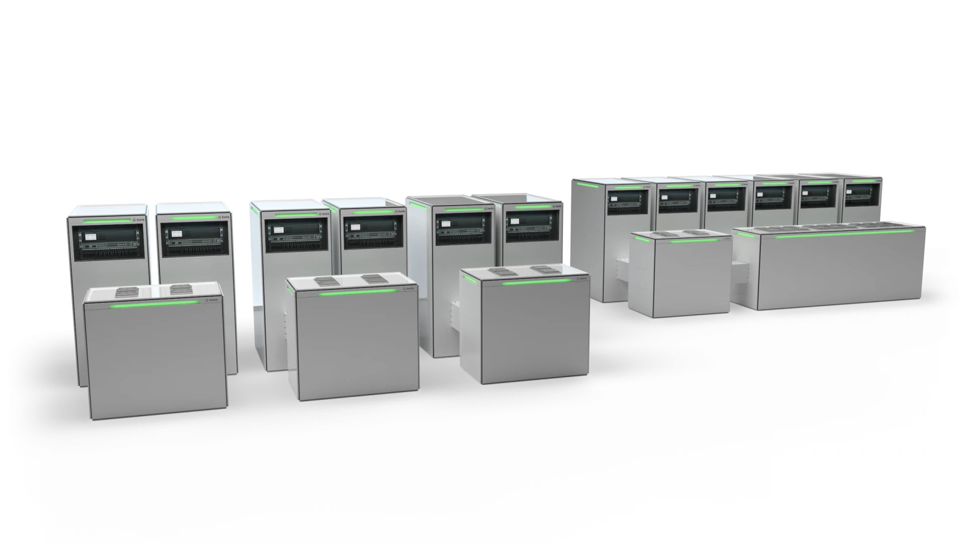 Three X-Type base configurations front left; behind them on the right six cooling modules on two connected payload modules