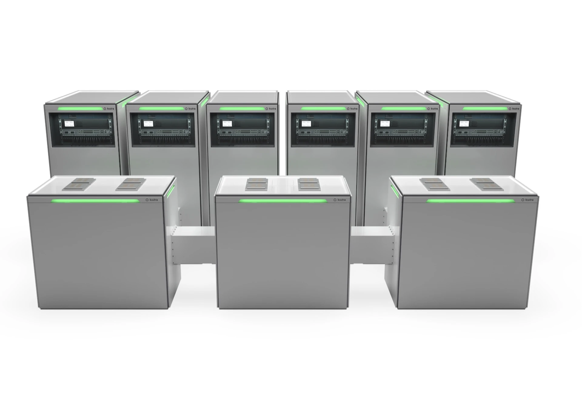 Six X-Type cooling modules behind three interconnected payload modules, seen from the front