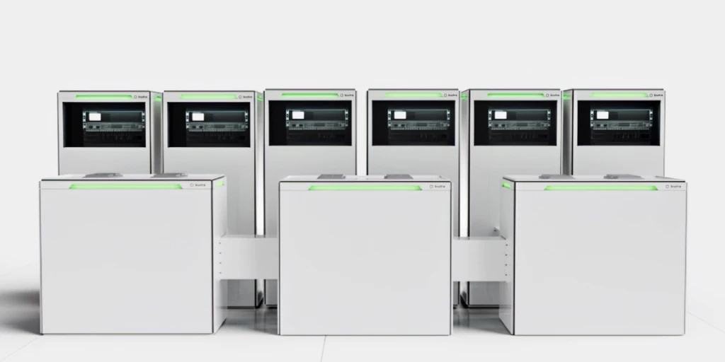 Six X-Type cooling modules feeding three interconnected payload modules