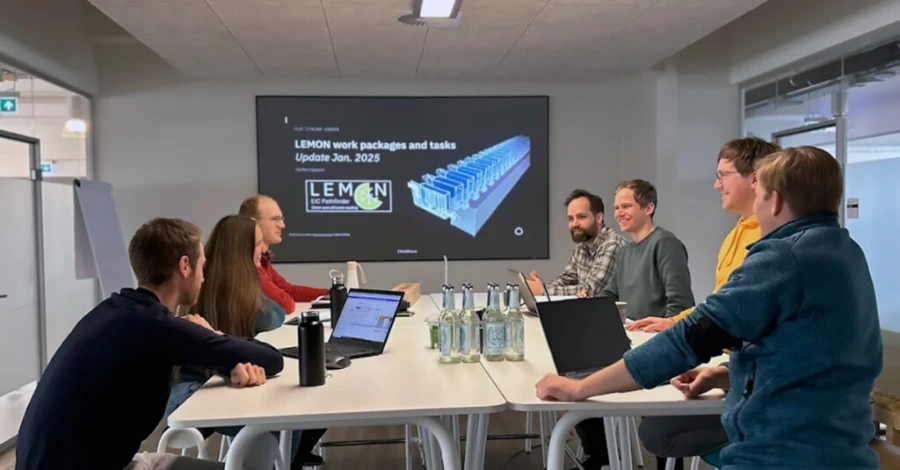 LEMON team meeting with a slide titled "LEMON work packages and tasks, update Jan. 2025" and a rendering of the cooling unit on the screen