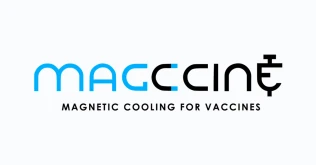 Magccine project logo: the wordmark Magccine in blue and black with the tagline magnetic cooling for vaccines