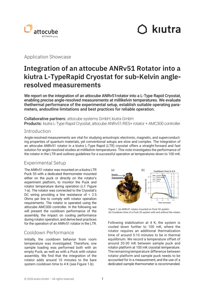 First page of “Application showcase: Integration of an attocube ANRv51 Rotator into a kiutra L-Type Rapid cryostat for sub-Kelvin angle-resolved measurements”