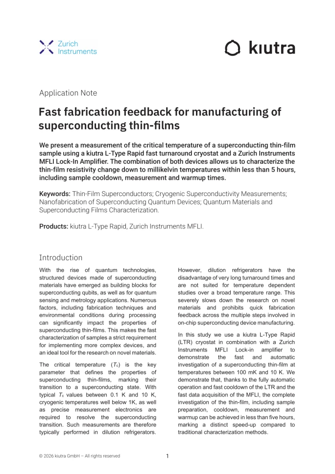 First page of “Application note: Fast fabrication feedback for manufacturing of superconducting thin-films”