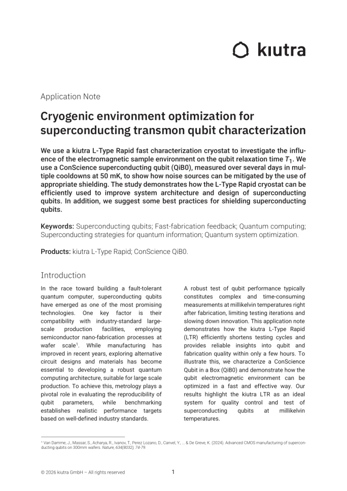 First page of “Application note: Cryogenic environment optimization for superconducting transmon qubit characterization”