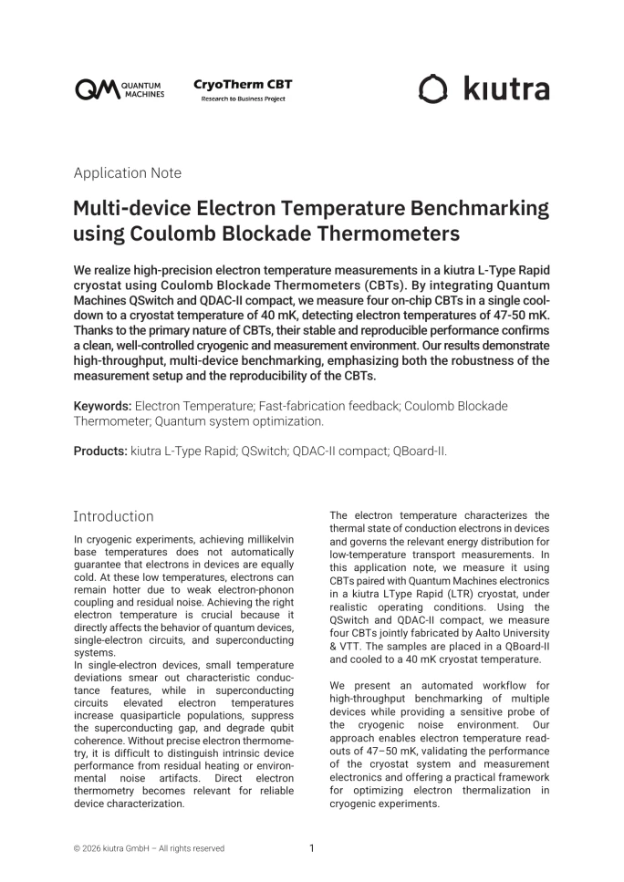 First page of “Application note: Multi-device electron temperature benchmarking using Coulomb Blockade Thermometers”