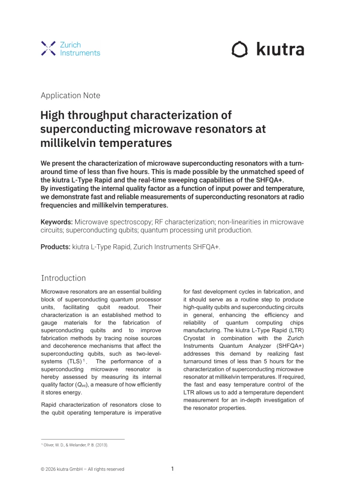 First page of “Application note: High throughput characterization of superconducting microwave resonators at millikelvin temperatures”