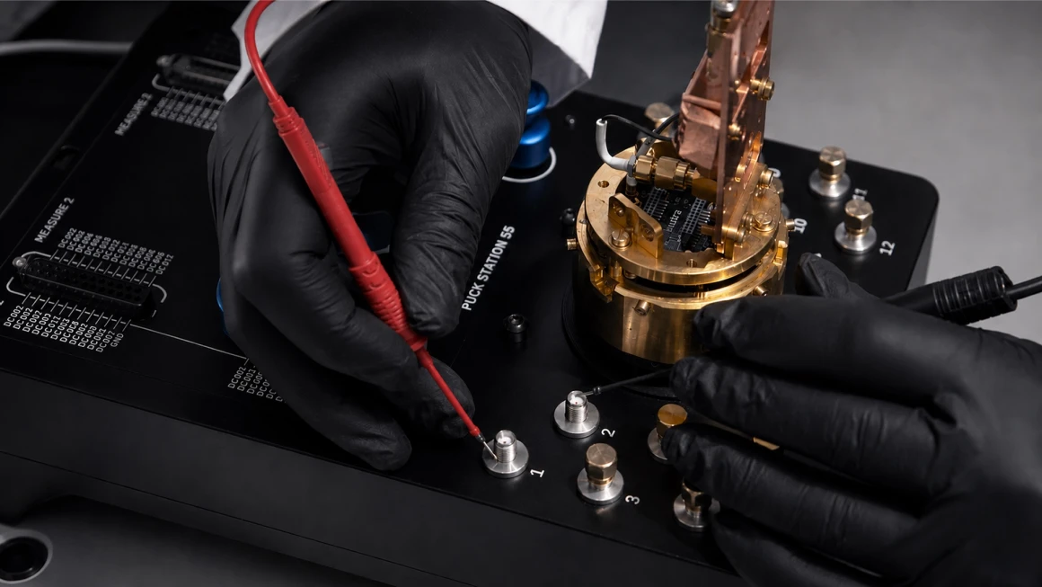 Gloved hands contacting a sample on a gold-plated Puck 55 at a kiutra Puck Station 55, checking a DC line with a multimeter probe