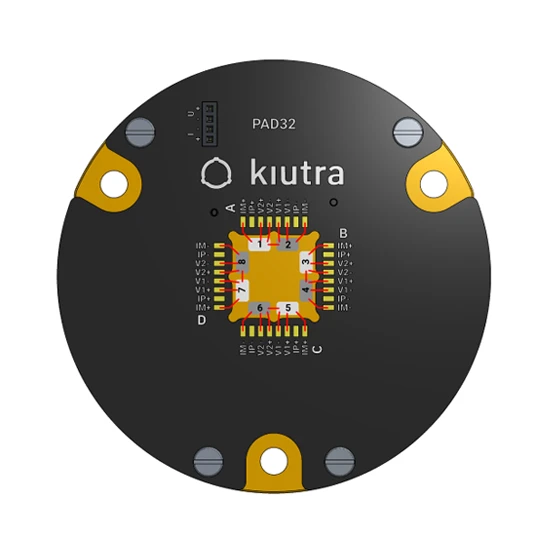 Drawing of a kiutra PAD32 with eight samples bonded to the pads. The pad layout is optimized for four-point measurements by assigning dedicated twisted pairs for current (I±) and voltage (V±), enabling short bond lengths and avoiding wire crossings.