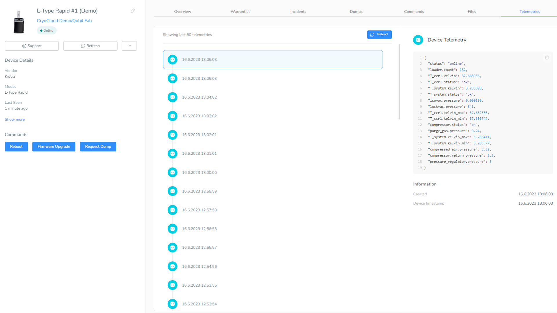 CryoCloud platform telemetries screenshot