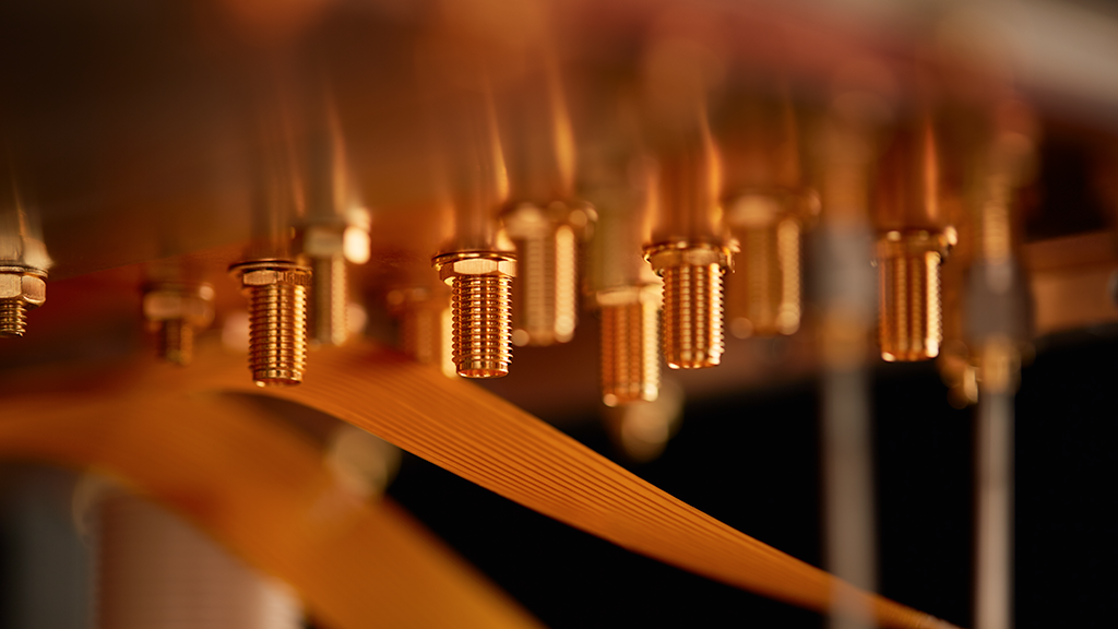 Close up of connectors of a S-Type cryostat used for quantum cooling.