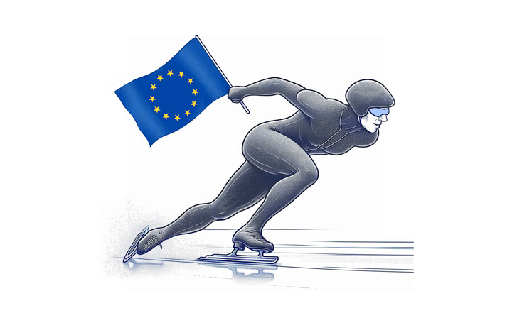 speed skater racing holding EU flag