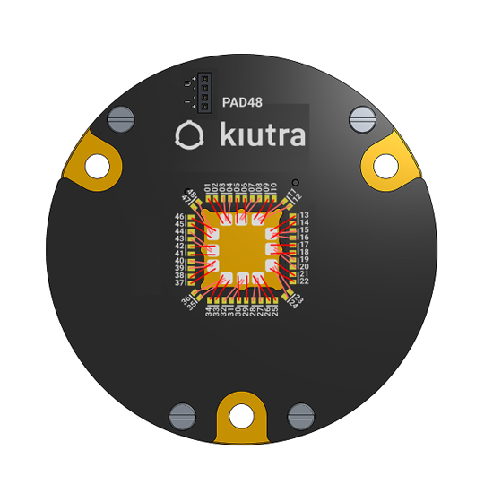 Drawing of a kiutra PAD48 with twelve samples bonded to the pads. Due to the side-by-side assignment of twisted pairs, wire bonds may cross and therefore require careful routing to avoid contact between individual bonds.
